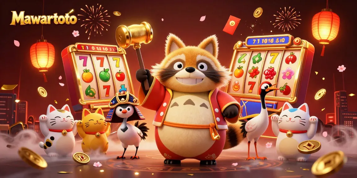 Mawartoto showcases a vibrant casino scene with a cheerful tanuki and lucky symbols for gamers.