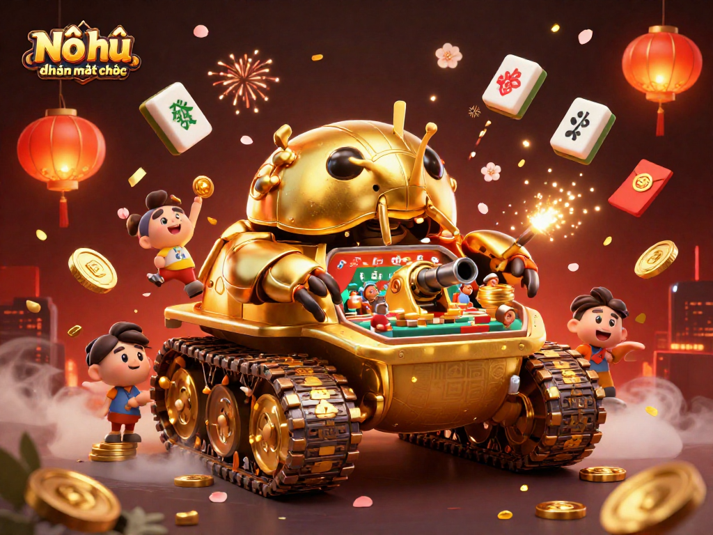Experience Nổ hũ đường mạt chược with a vibrant 3D casino scene featuring golden beetle tank.