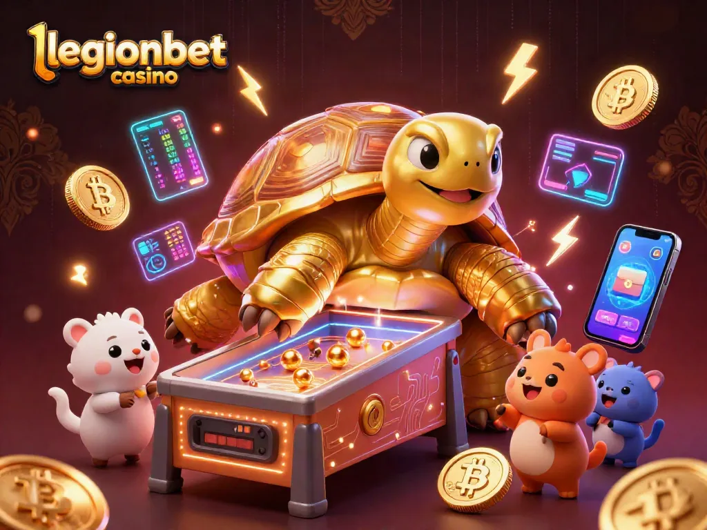 Experience thrilling gameplay at legionbet casino with our vibrant 3D cartoon depiction of a golden tortoise and crypto elements.