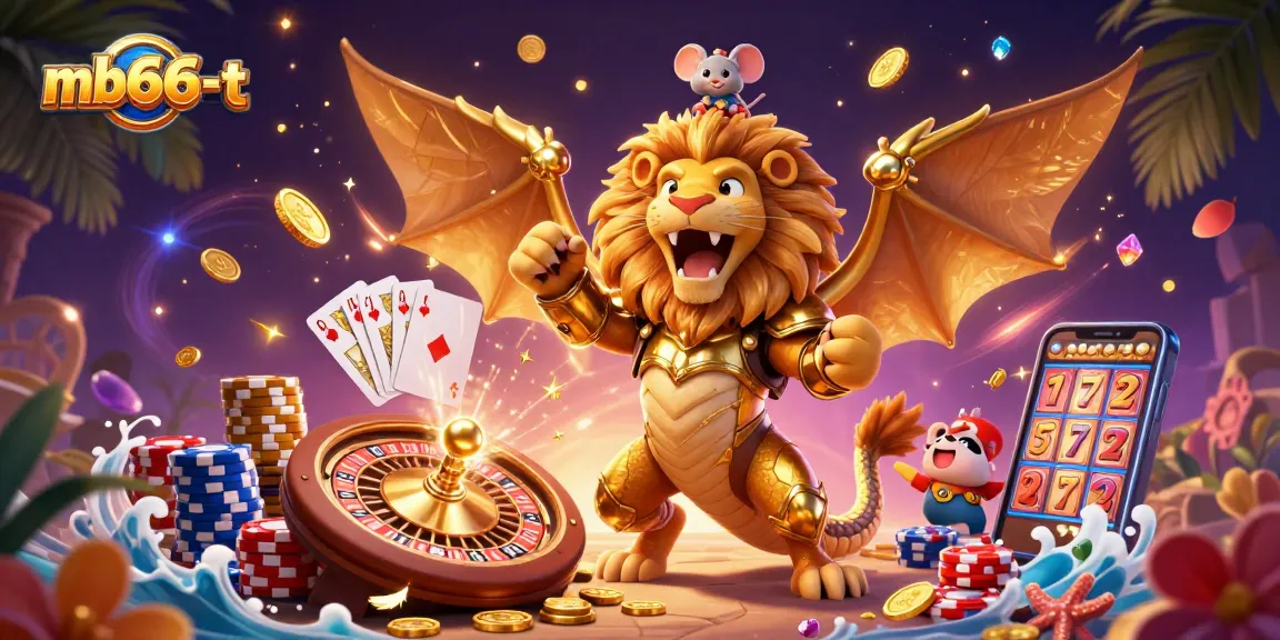 Play thrilling games at mb66-t with a vibrant 3D casino illustration featuring exciting game elements.
