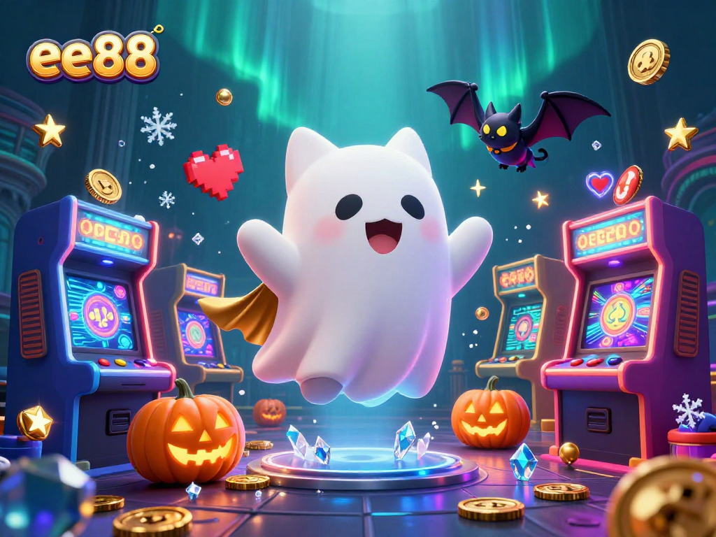 Spin symbols and join the fun at ee88, where a ghost cat and a bat play in a vibrant casino scene.