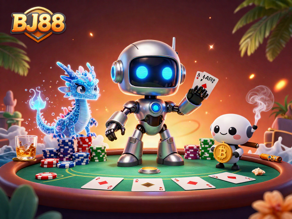 BJ88 elevates poker gameplay with a vibrant 3D scene featuring a cyberpunk robot and poker elements.