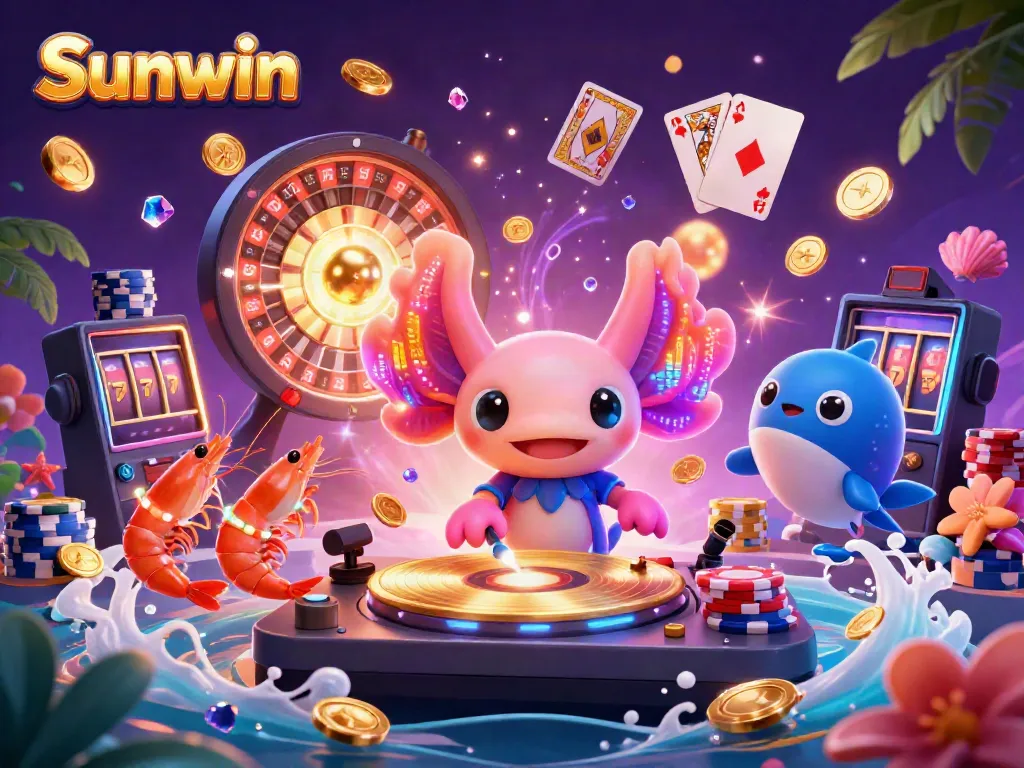 Engage with Sunwin's vibrant casino scene featuring neon characters and dazzling game elements.