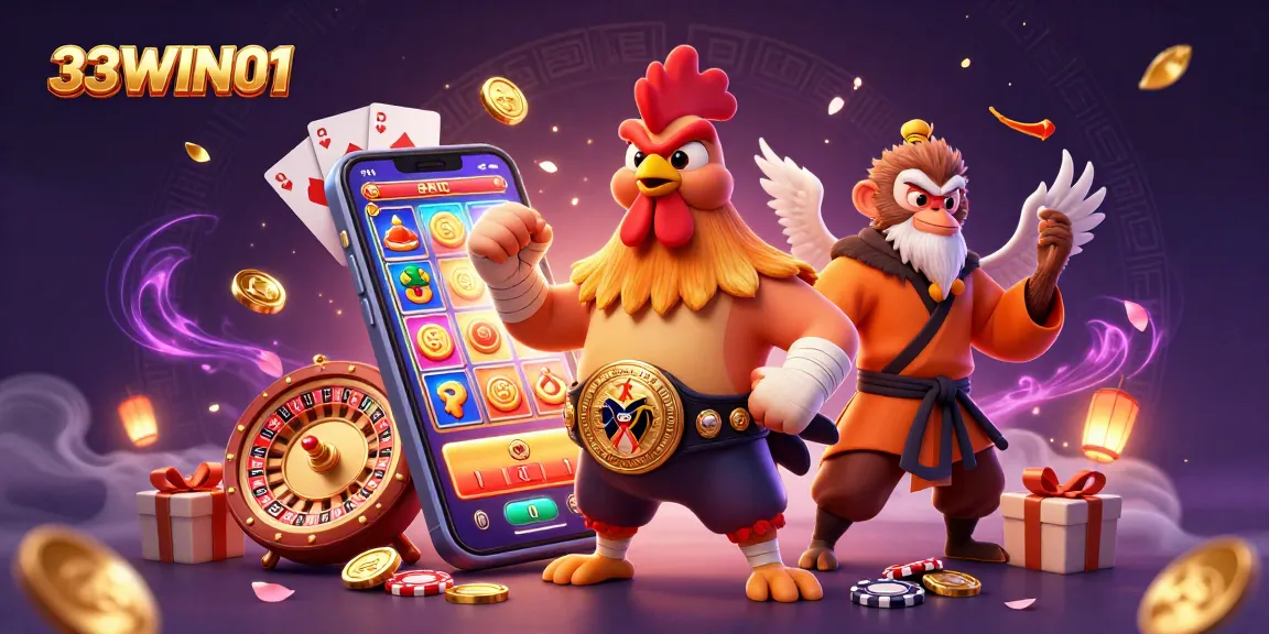Engage with 33WIN01's thrilling gaming scene featuring dynamic characters and vibrant slot game elements.