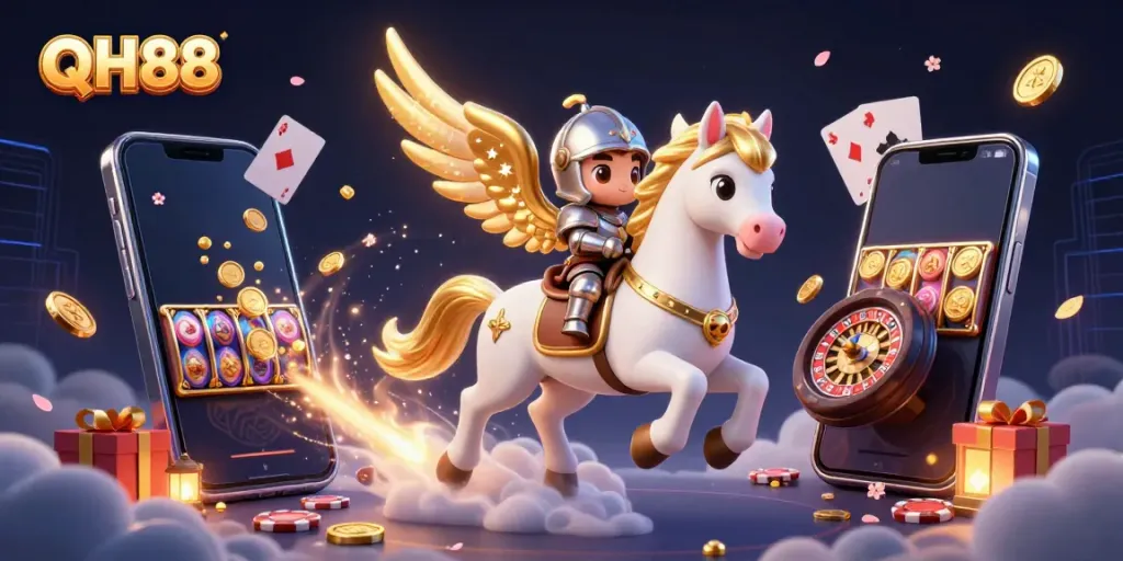 Experience the thrill of QH88 with a celestial scene of slot games and golden coins.