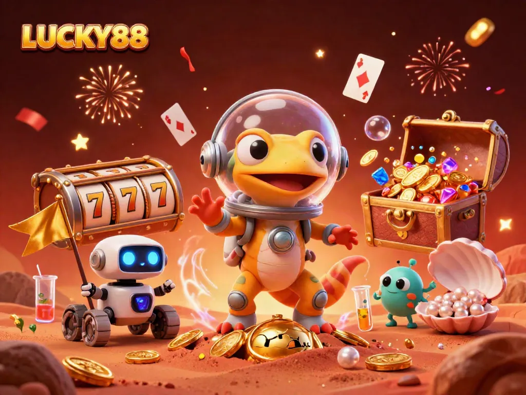 Celebrate wins with LUCKY88 in this vibrant casino-themed 3D illustration featuring a Martian gecko and shimmering gold elements.