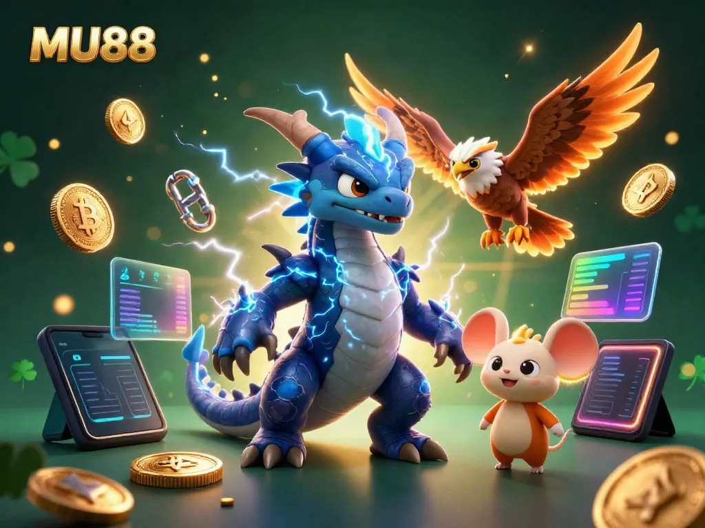 Engage with MU88 through thrilling gaming moments featuring a dynamic illustration of casino characters.