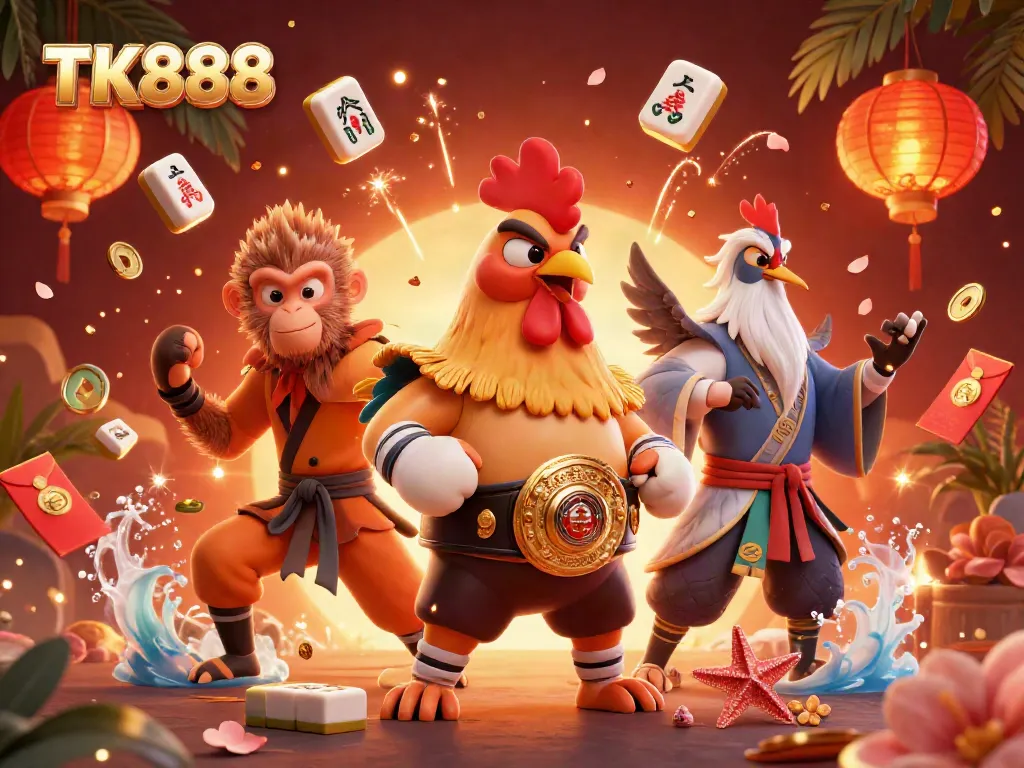 Experience the excitement of TK888 with vibrant 3D characters and elements celebrating casino gaming.