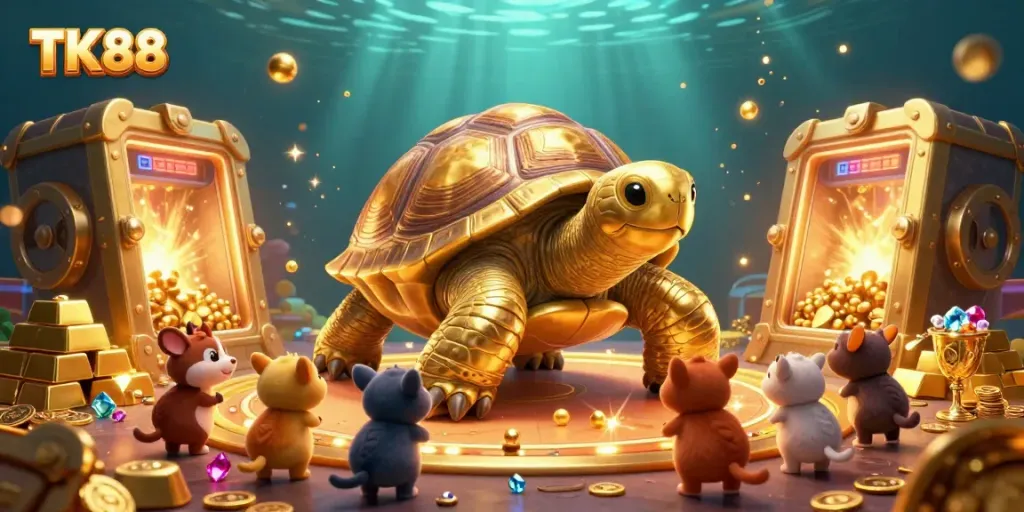 Experience TK 88 excitement with the colossal golden tortoise in a vibrant casino scene.