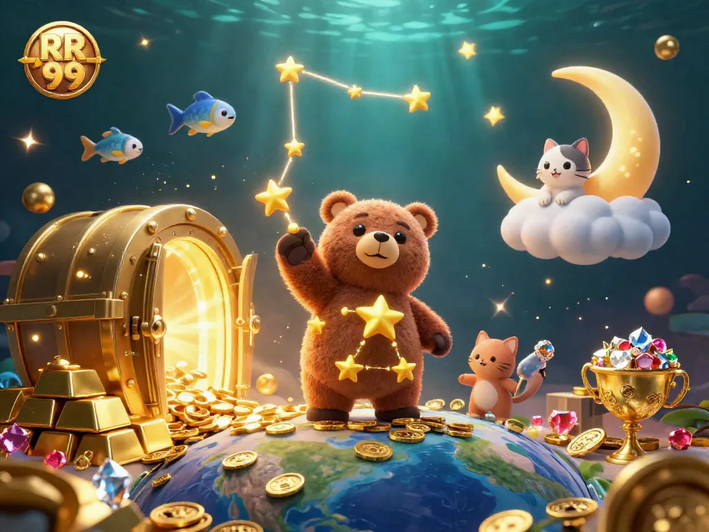Experience RR 99's magical world as the constellation bear collects treasures, embodying online casino fun.