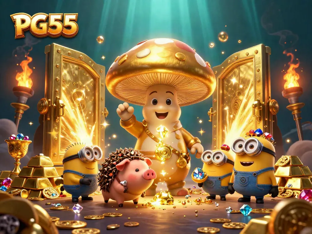 Experience PG55's magical treasure-filled world with vibrant golden elements and enchanting characters.