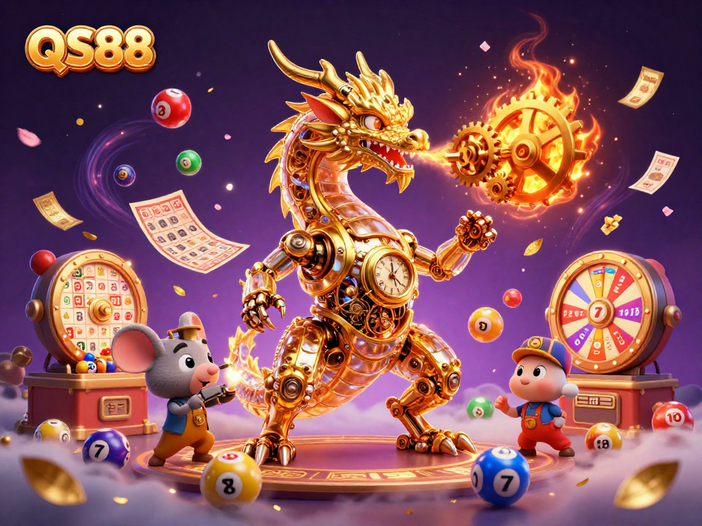 Engage with QS88's dynamic gambling experience featuring a golden dragon and vibrant games.