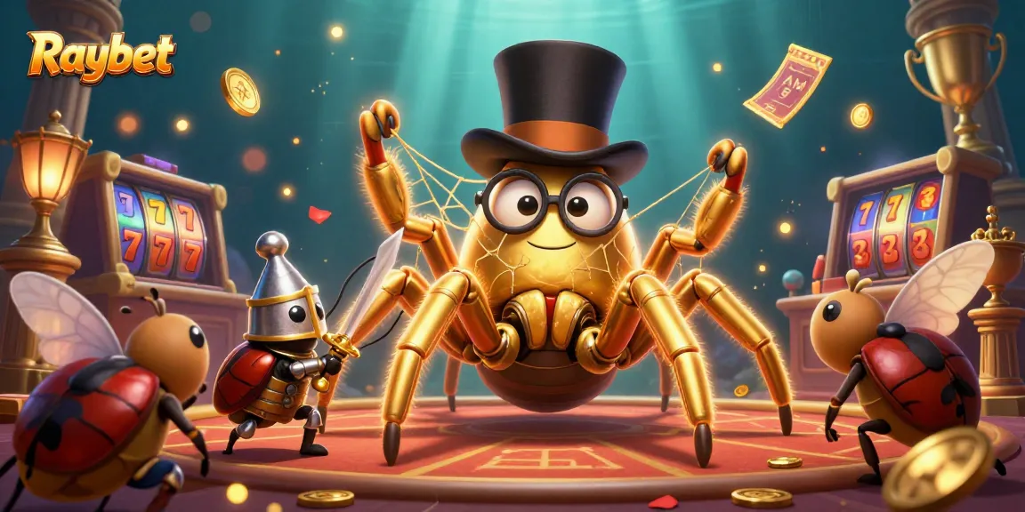 Experience Raybet's thrilling gaming arena with a golden tarantula and beetle knight.
