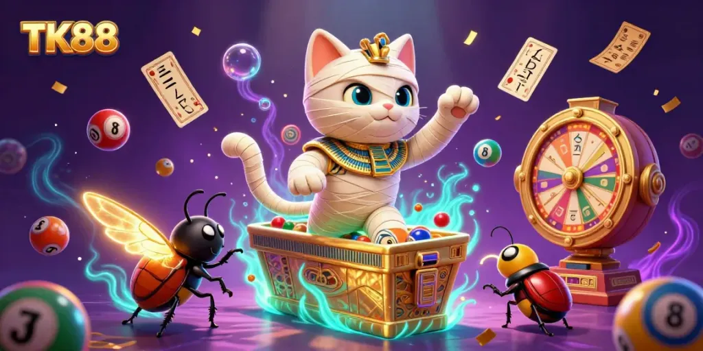 Experience thrilling excitement with TK88, featuring a mummy cat casino scene filled with vibrant gambling elements.