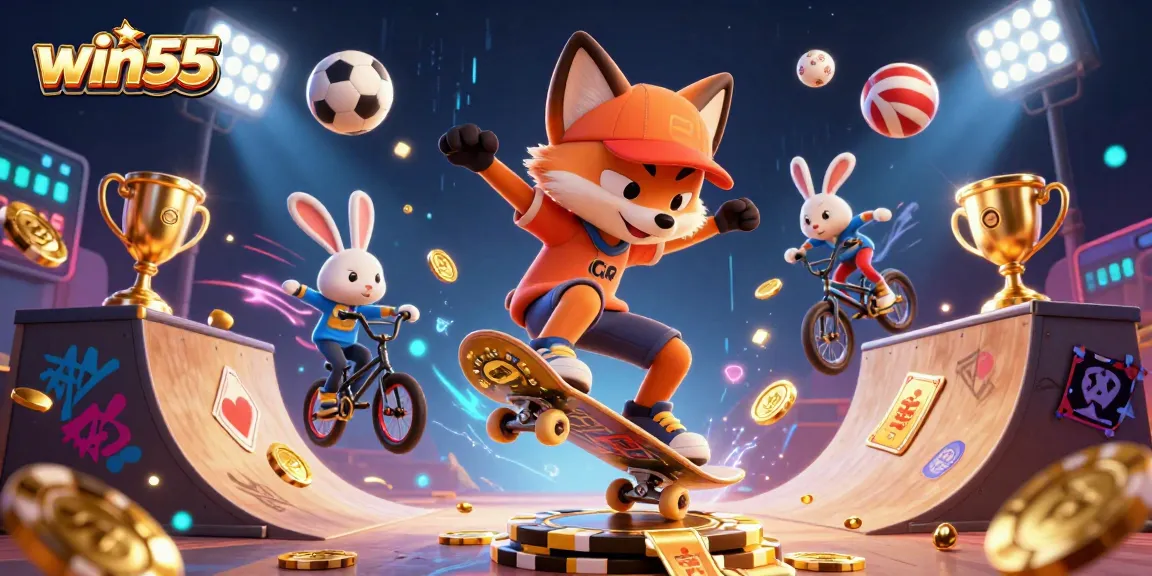Experience excitement and winning moments with win55 in a vibrant casino-themed scene.