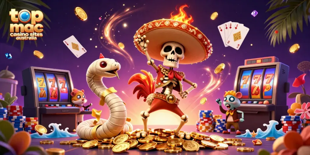 Engaging scene showcasing top mac casino sites Australia with vibrant 3D cartoon characters celebrating winnings.