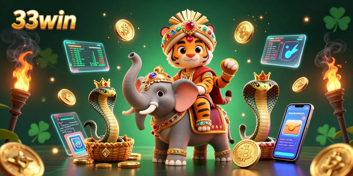 Bet on 33win with a vibrant 3D scene featuring crypto-themed characters and casino elements.