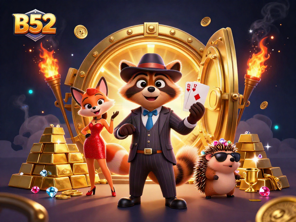 Experience the thrill of B52 gambling with a regal raccoon, charming fox, and vigilant hedgehog in a vibrant casino scene.