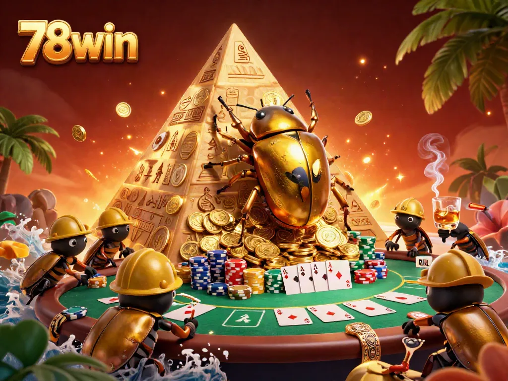 Engage with the thrilling 78win casino universe as a golden beetle rolls coins amidst poker elements.