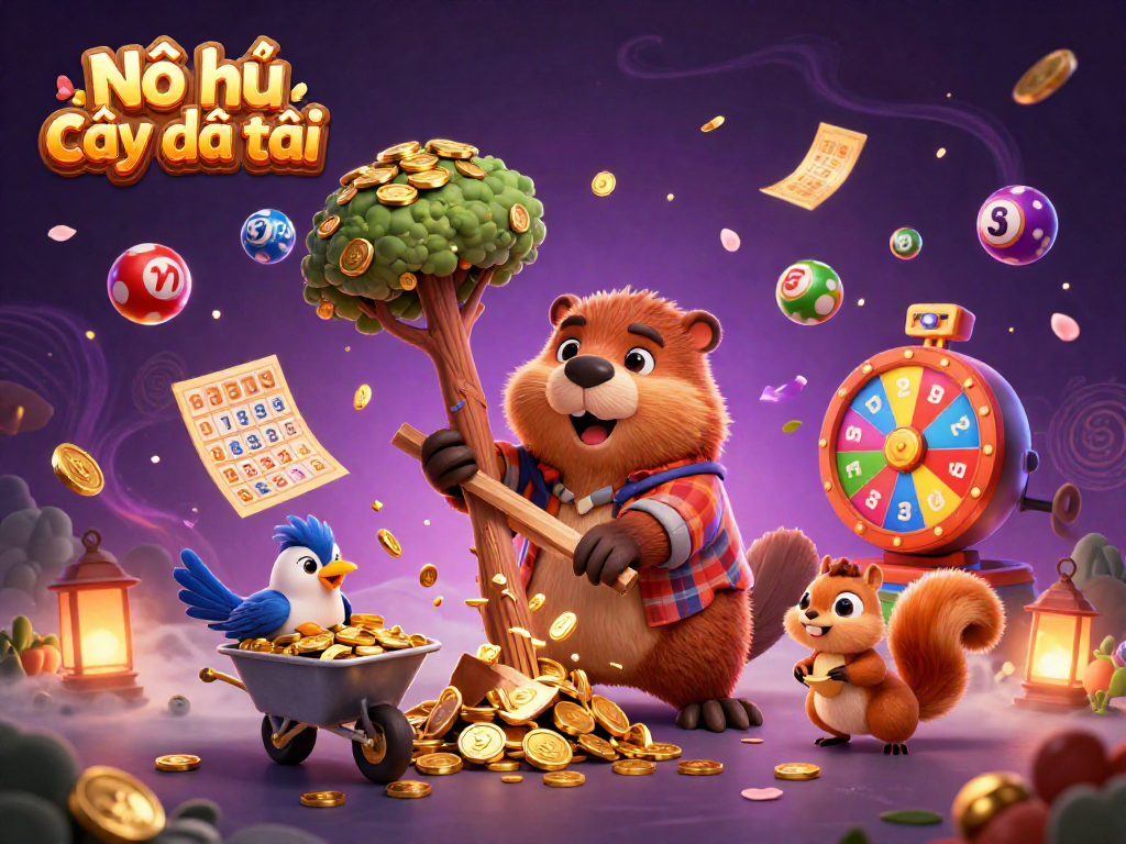 Nổ hũ cây phát tài brings fortune as cartoon beaver chops golden-coin raining tree, amid vibrant gambling symbols