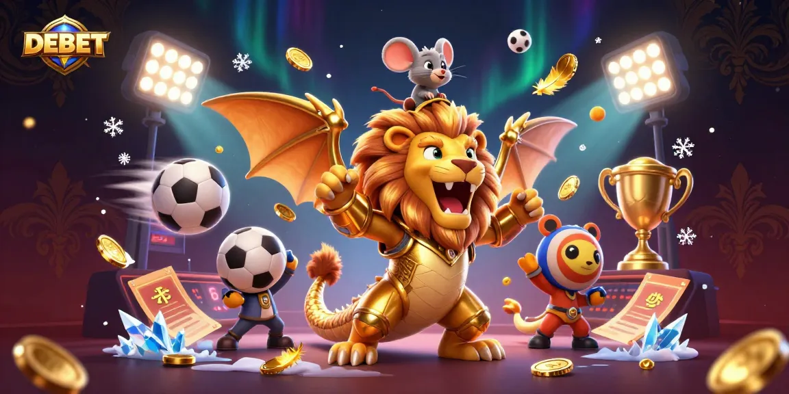 Engage with DEBET's thrilling gaming scene featuring a dynamic chimera and sports betting action.