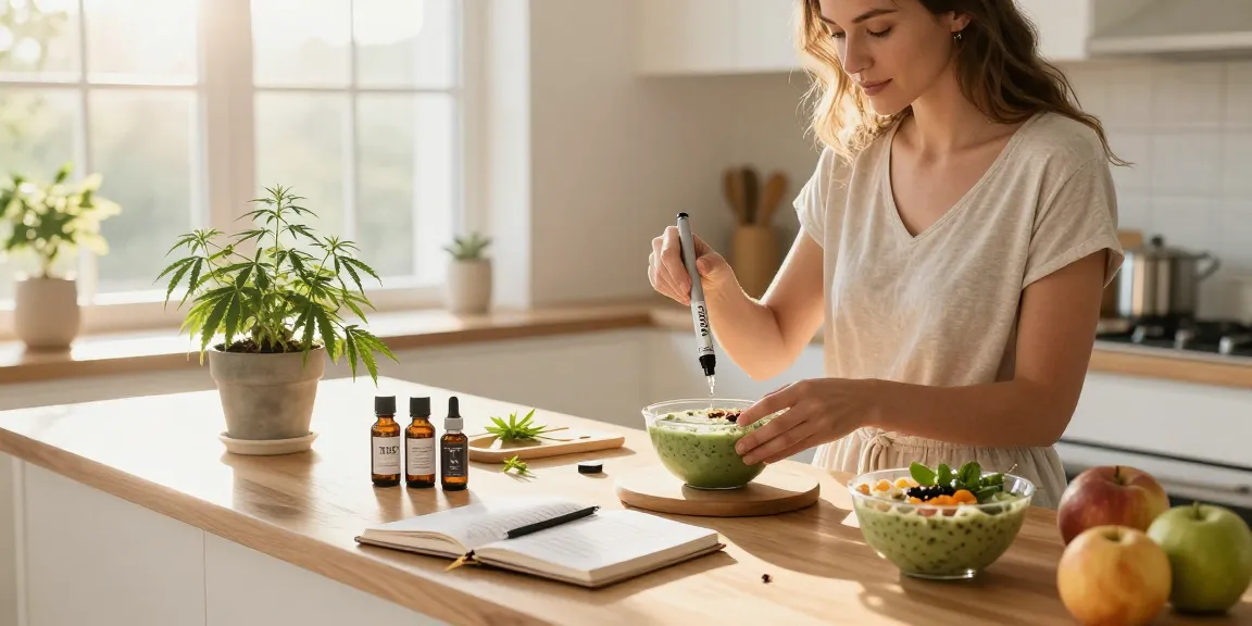 THC vape juice and organic wellness products displayed in a bright kitchen, promoting healthy lifestyle habits.