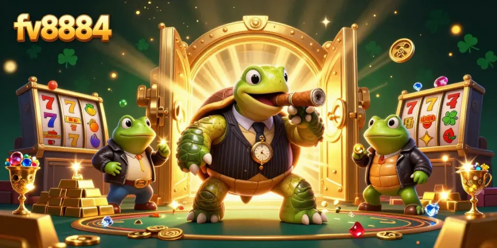 Spin the reels with fv8884's 3D cartoon turtle mobster and bullfrog enforcers in a vibrant casino scene.
