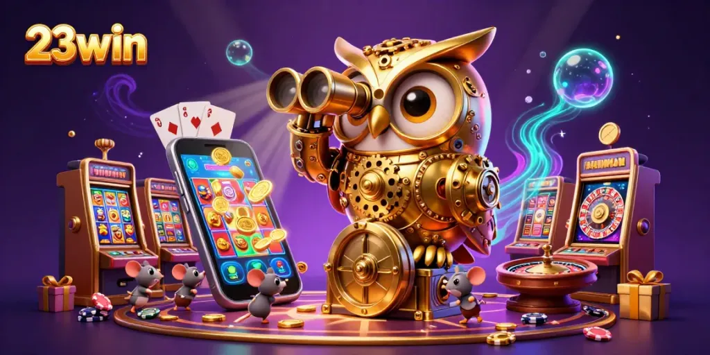 Engage in thrilling action at 23win with a vibrant 3D casino scene featuring unique characters and games.