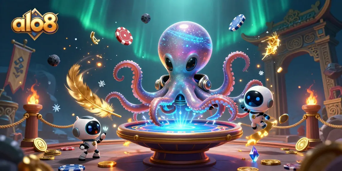 Experience the vibrant action of alo8 as an alien octopus plays poker amidst cosmic elements.