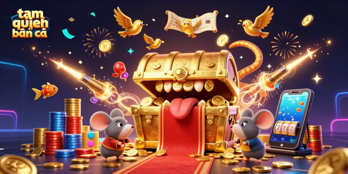 Engage in the thrill of tam tiên bắn cá with vibrant scenes of color and excitement, showcasing game features and treasures.