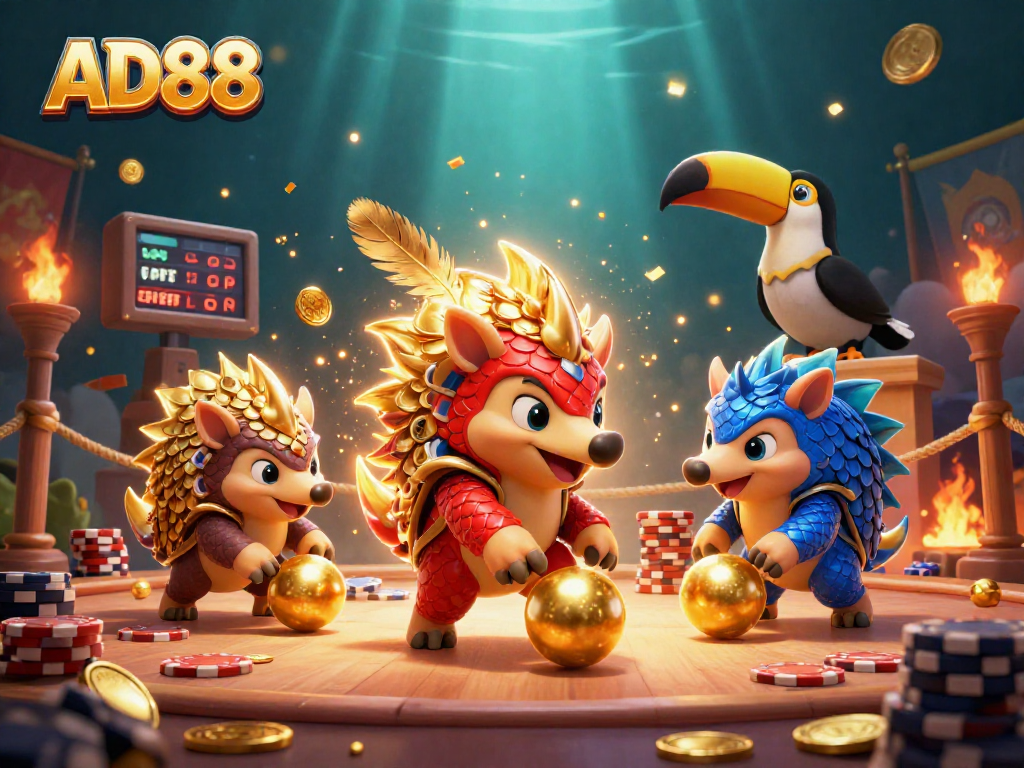 Compete with AD88 in a vibrant gambling showdown featuring rival pangolins amidst poker chips.