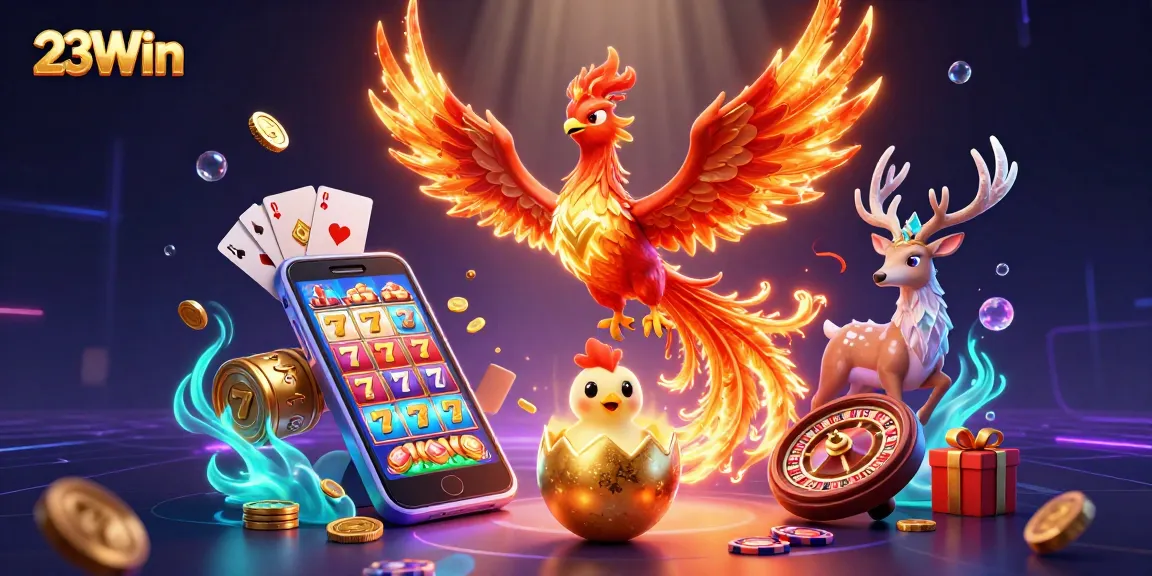 Engage in thrilling gameplay with 23Win's vibrant casino elements featuring phoenix and slot machines.
