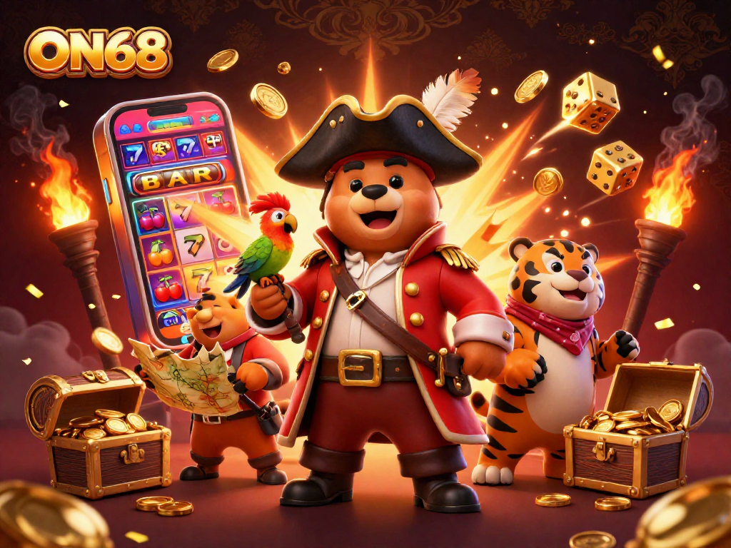 Experience thrilling wins at ON68 with vibrant 3D visuals of immersive slot games and casino adventures.