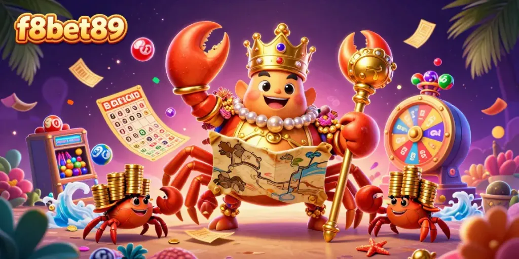 Experience excitement with f8bet89 in a vibrant 3D illustration of a golden crab emperor and lottery elements.