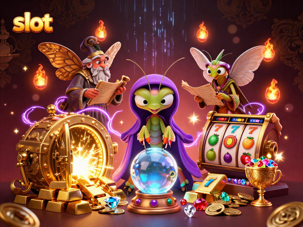 Spin slot reels with mystical characters and treasures in a vibrant casino scene