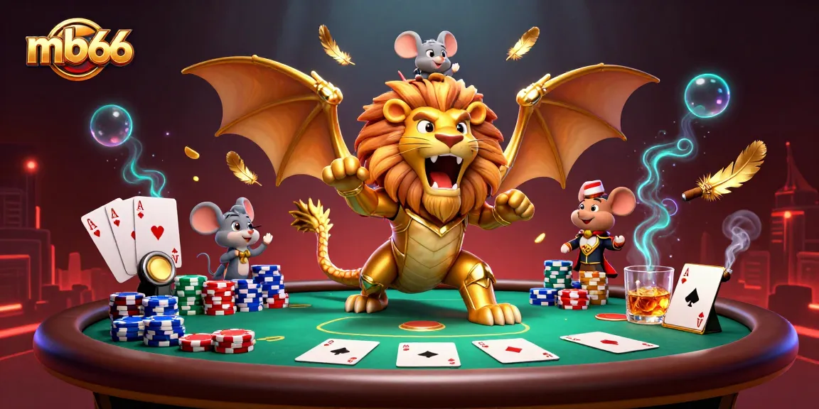 Experience thrilling poker action with mb66 in this vibrant casino scene featuring a golden chimera.