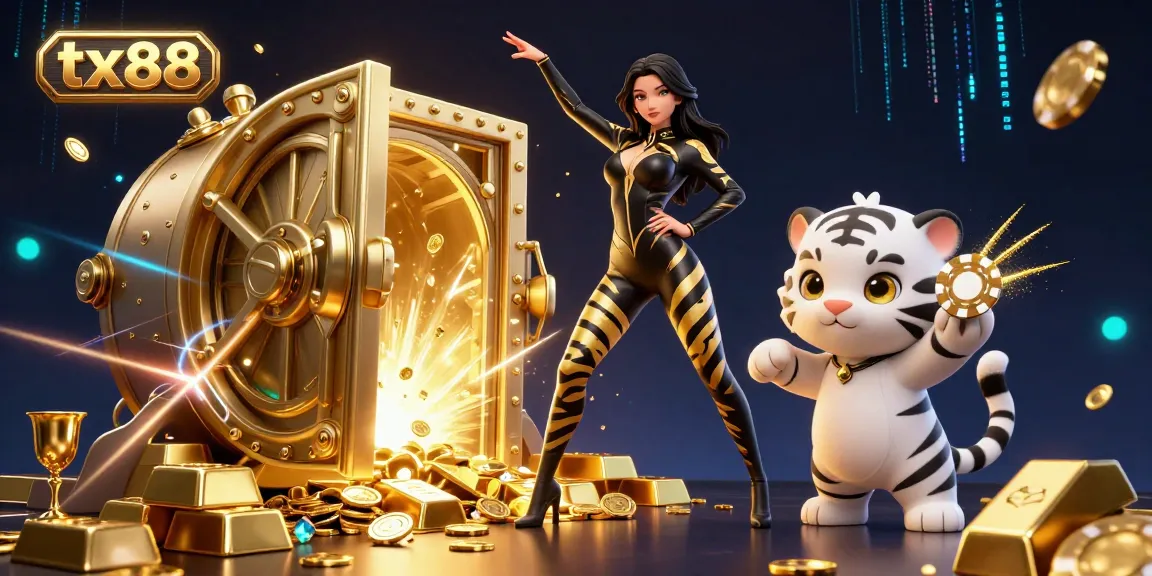 Engage with tx88's captivating casino art featuring a sleek acrobatic woman and playful tiger amidst treasures.