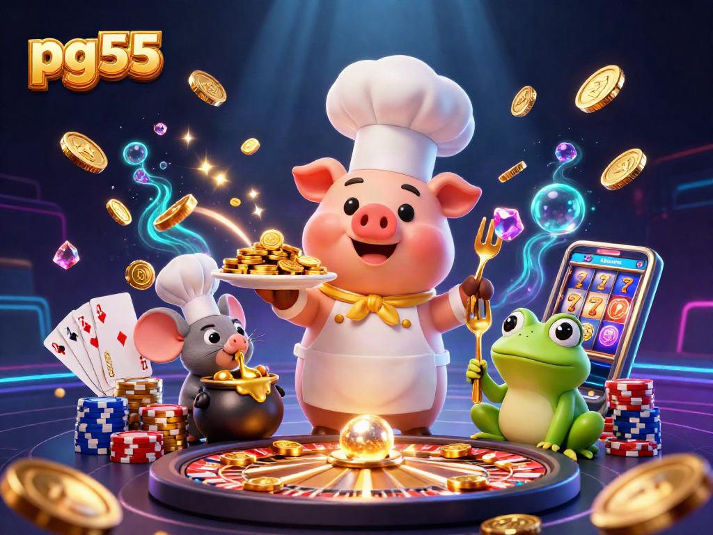 pg55 promotes excitement with vibrant 3D illustration featuring chef and casino elements.