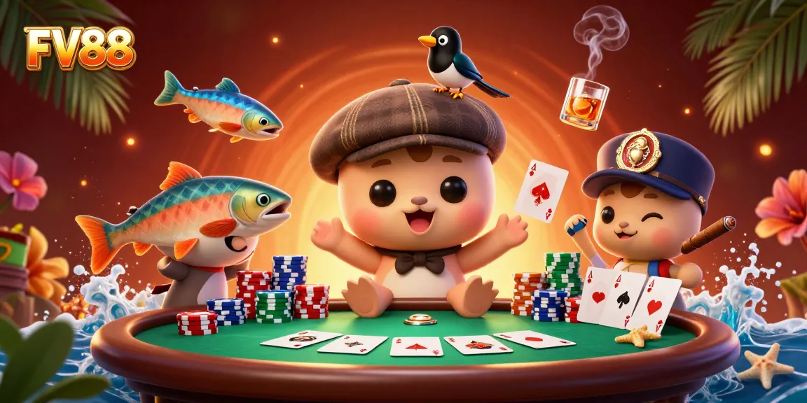 Engage with FV88's vibrant casino experience featuring a lively scene of characters and gaming elements.