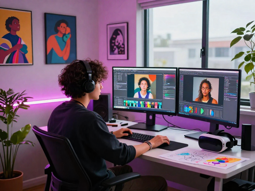 Innovative NSFW AI artist in a vibrant digital art studio creating immersive visuals.