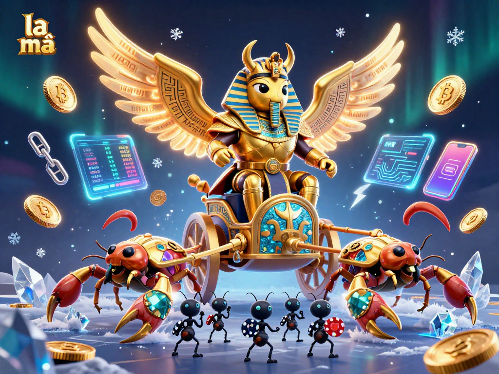Experience the vibrant action of la mã with a colossal beetle in a casino battle, surrounded by glowing crypto coins.