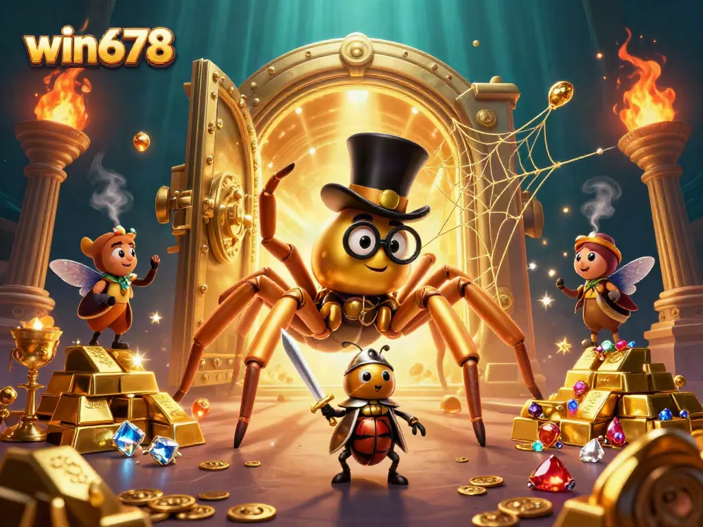 Experience exhilarating gambling activities with win678's adventurous illustration featuring a golden tarantula and beetle knight.