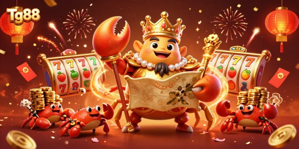 Tg88 presents a lavish scene with a golden crab emperor, slot reels, and festive elements celebrating online gaming.