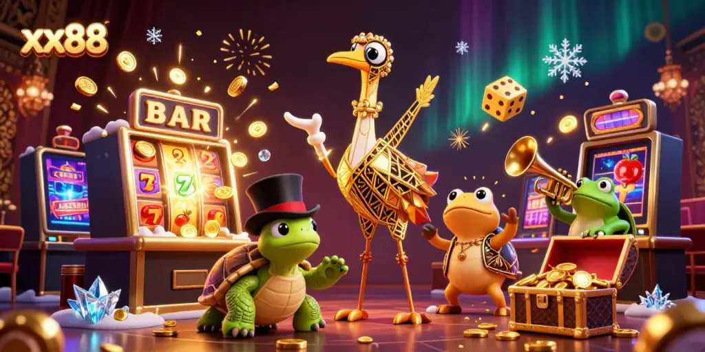 Experience winning with xx88 in a vibrant casino scene featuring playful characters and jackpot excitement.