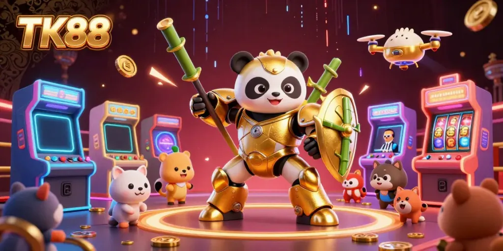 Engage in thrilling action with TK88 as a mech-suit panda battles in a vibrant arcade casino.