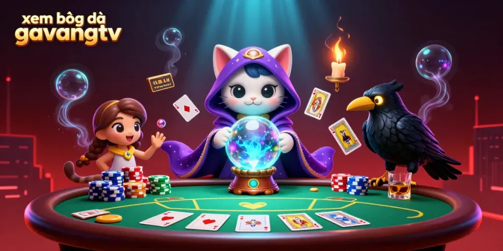 Experience xem bóng đá gavangtv with vibrant 3D illustration of fortune teller and poker elements.