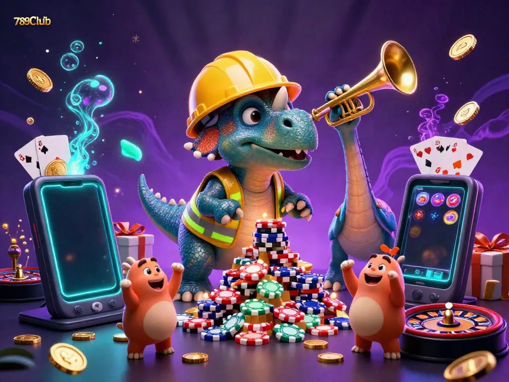 Engage with 789Club's vibrant scene with a triceratops building poker chips amidst energetic celebration.