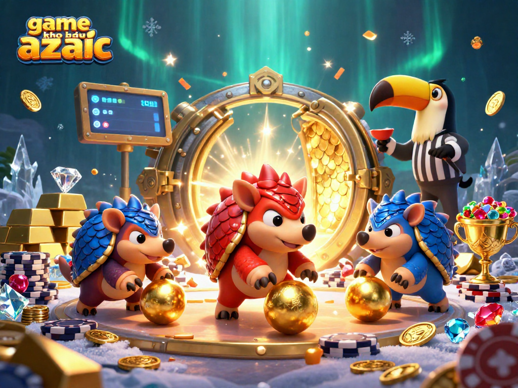 Compete in the game kho báu aztec as rival pangolins roll through golden balls and poker chips in this dynamic casino scene.