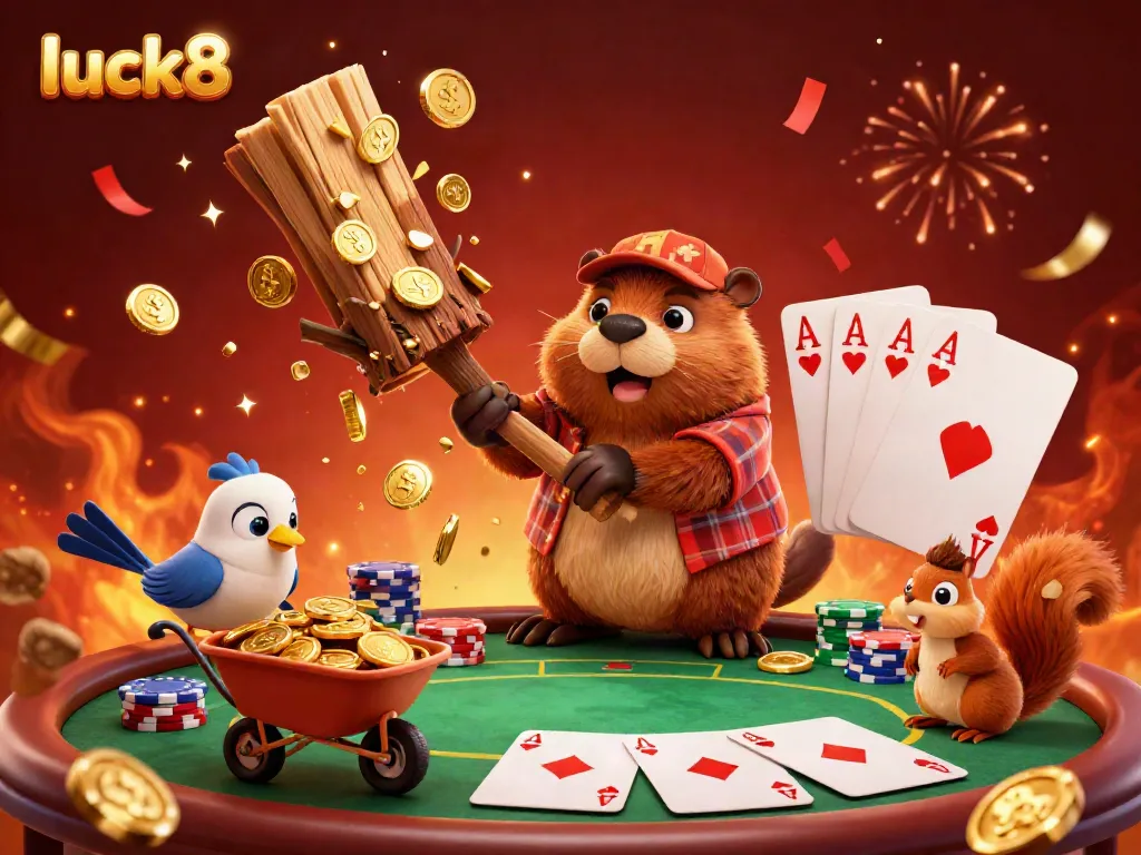 Experience the celebration at luck8 with a vibrant 3D scene of characters collecting golden coins amidst luxurious poker elements.