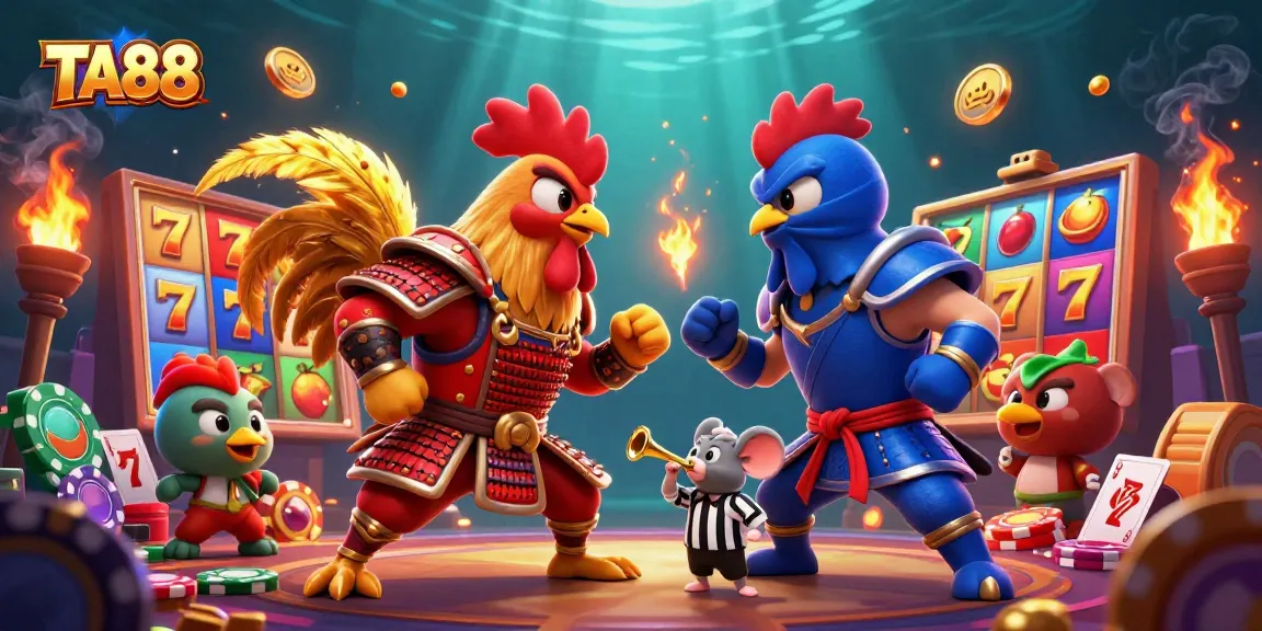 Engage with TA88 as roosters battle amidst vibrant casino slots and chips in this dynamic scene.